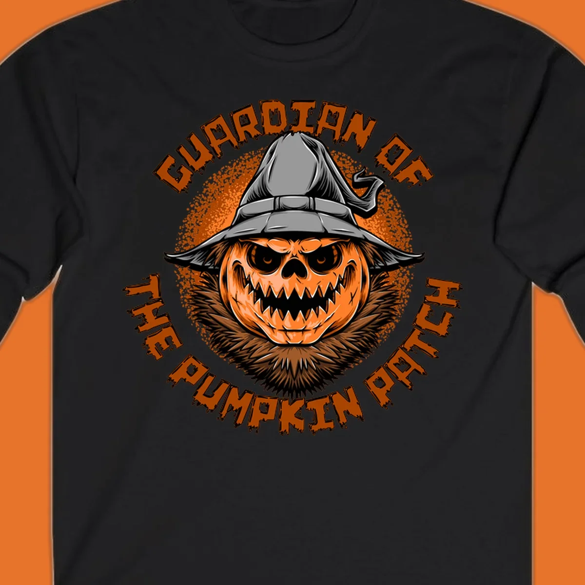 Guardian of the pumpkin patch scary jack-o-lantern with witch hat, text design.