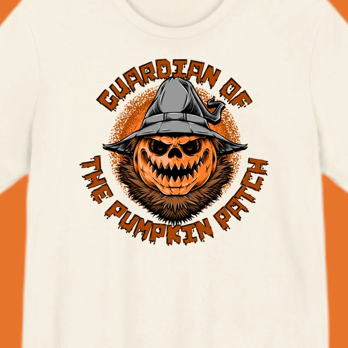 Guardian of the pumpkin patch scary jack-o-lantern with witch hat, text design.