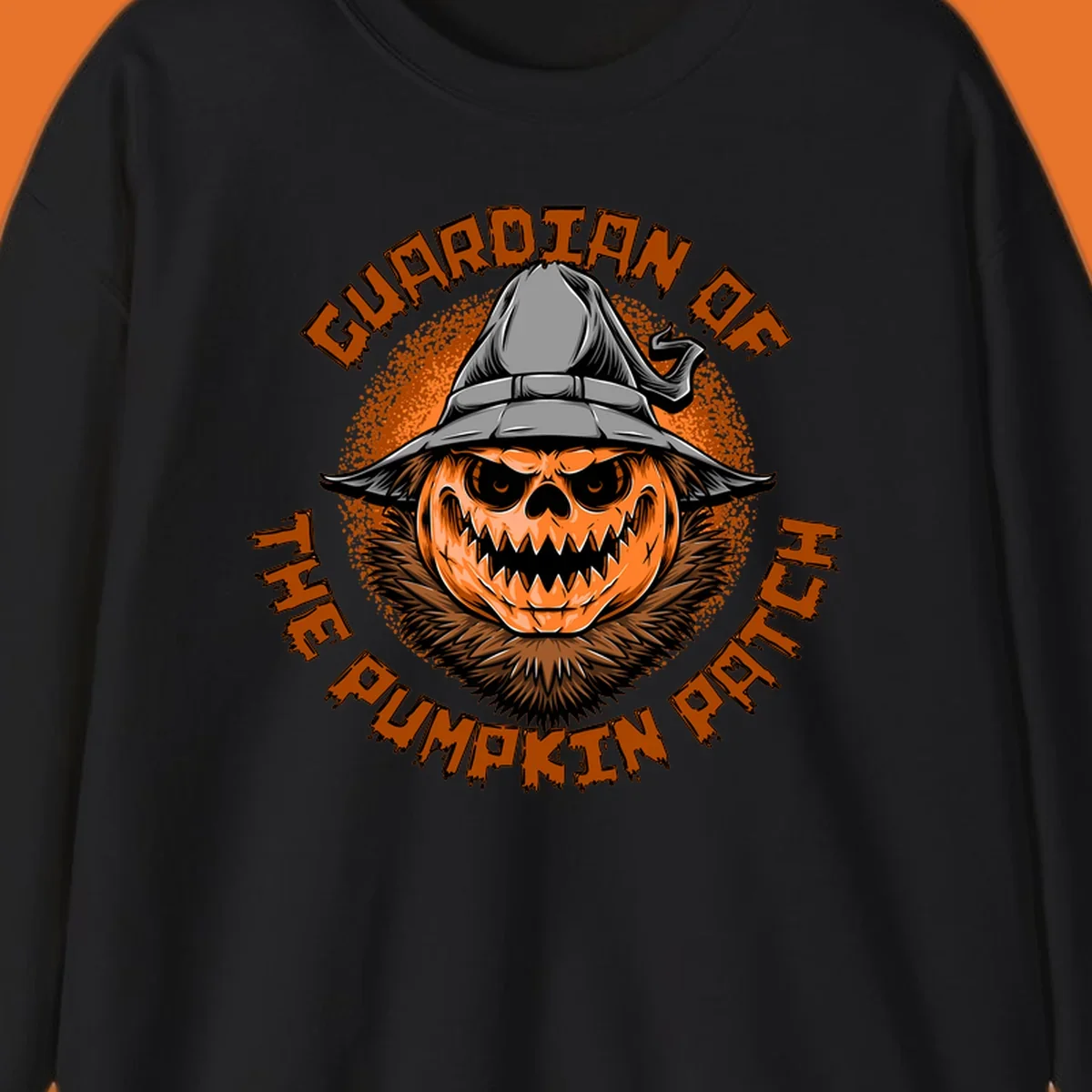 Guardian of the pumpkin patch scary jack-o-lantern with witch hat, text design.