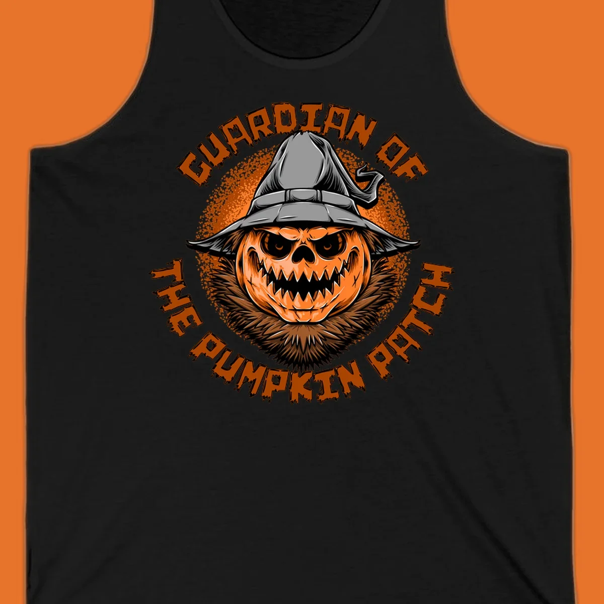 Guardian of the pumpkin patch scary jack-o-lantern with witch hat, text design.