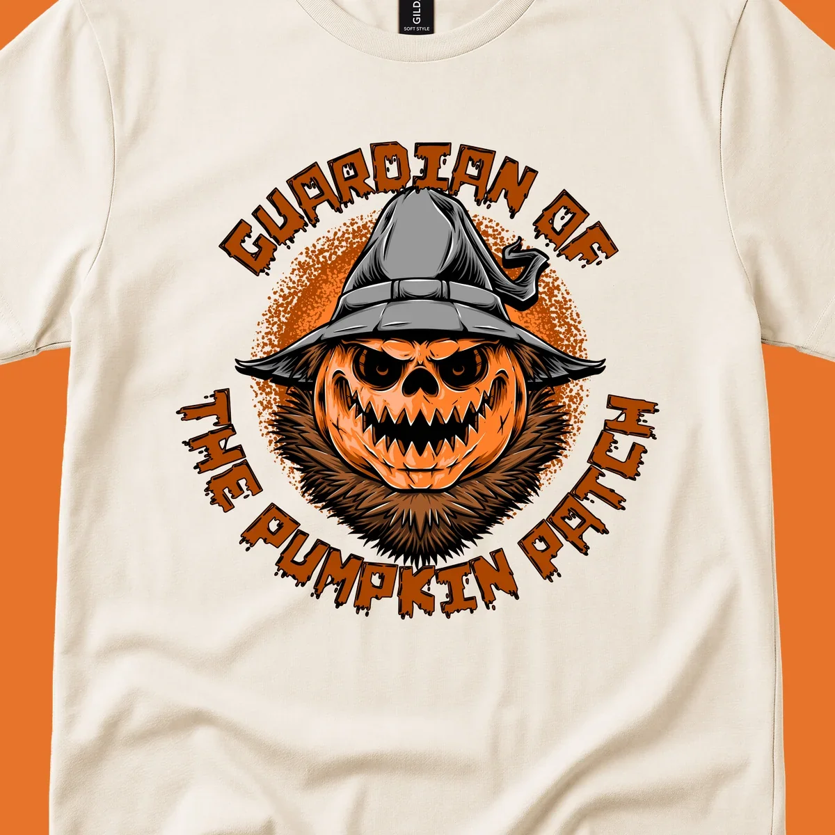Guardian of the pumpkin patch scary jack-o-lantern with witch hat, text design.
