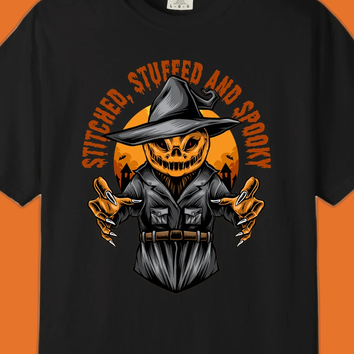 Spooky pumpkin character in a witch hat and suit, text reads STITCHED, STUFFED AND SPOOKY.