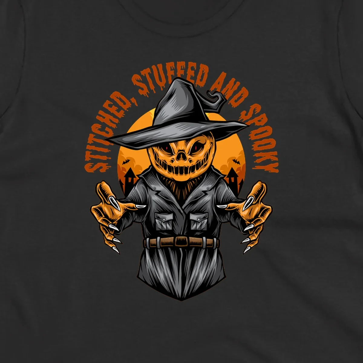 Spooky pumpkin character in a witch hat and suit, text reads STITCHED, STUFFED AND SPOOKY.