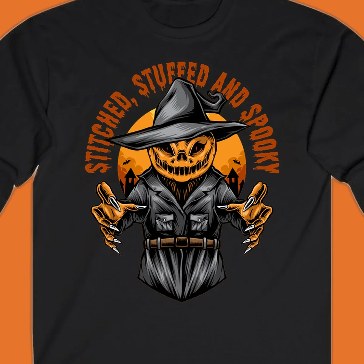 Spooky pumpkin character in a witch hat and suit, text reads STITCHED, STUFFED AND SPOOKY.