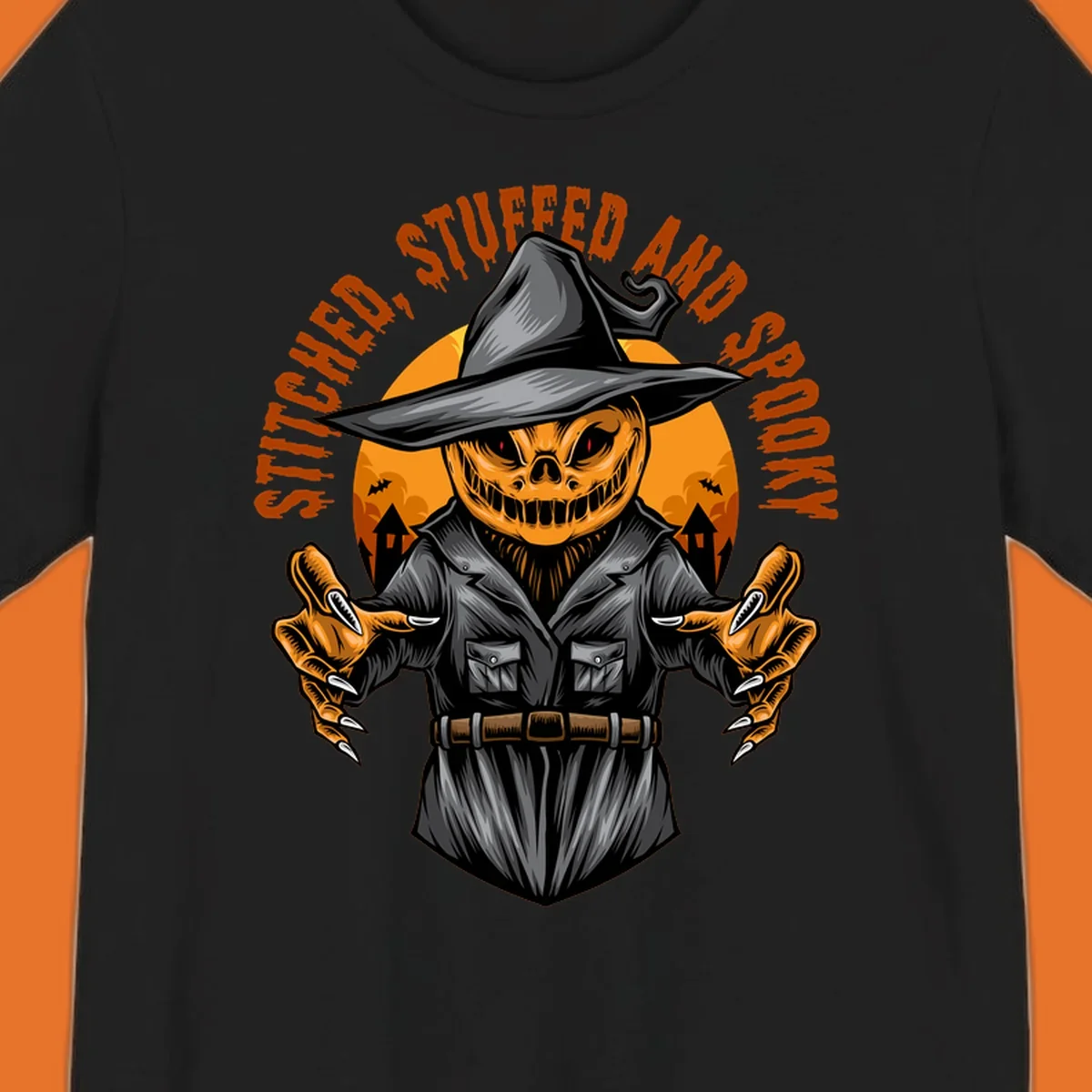 Spooky pumpkin character in a witch hat and suit, text reads STITCHED, STUFFED AND SPOOKY.