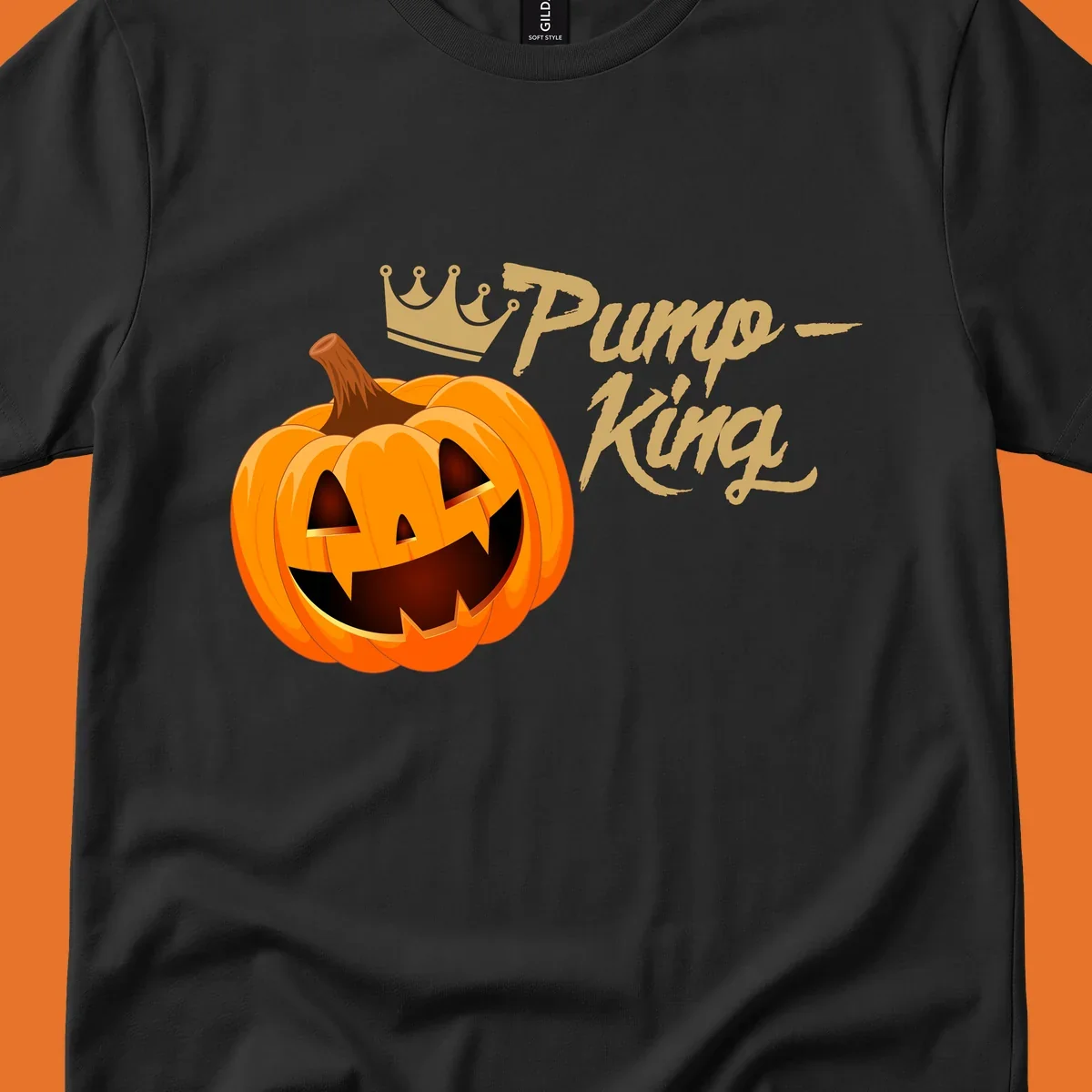 Pumpkin King Halloween crown illustration with a grinning jack-o-lantern and text.
