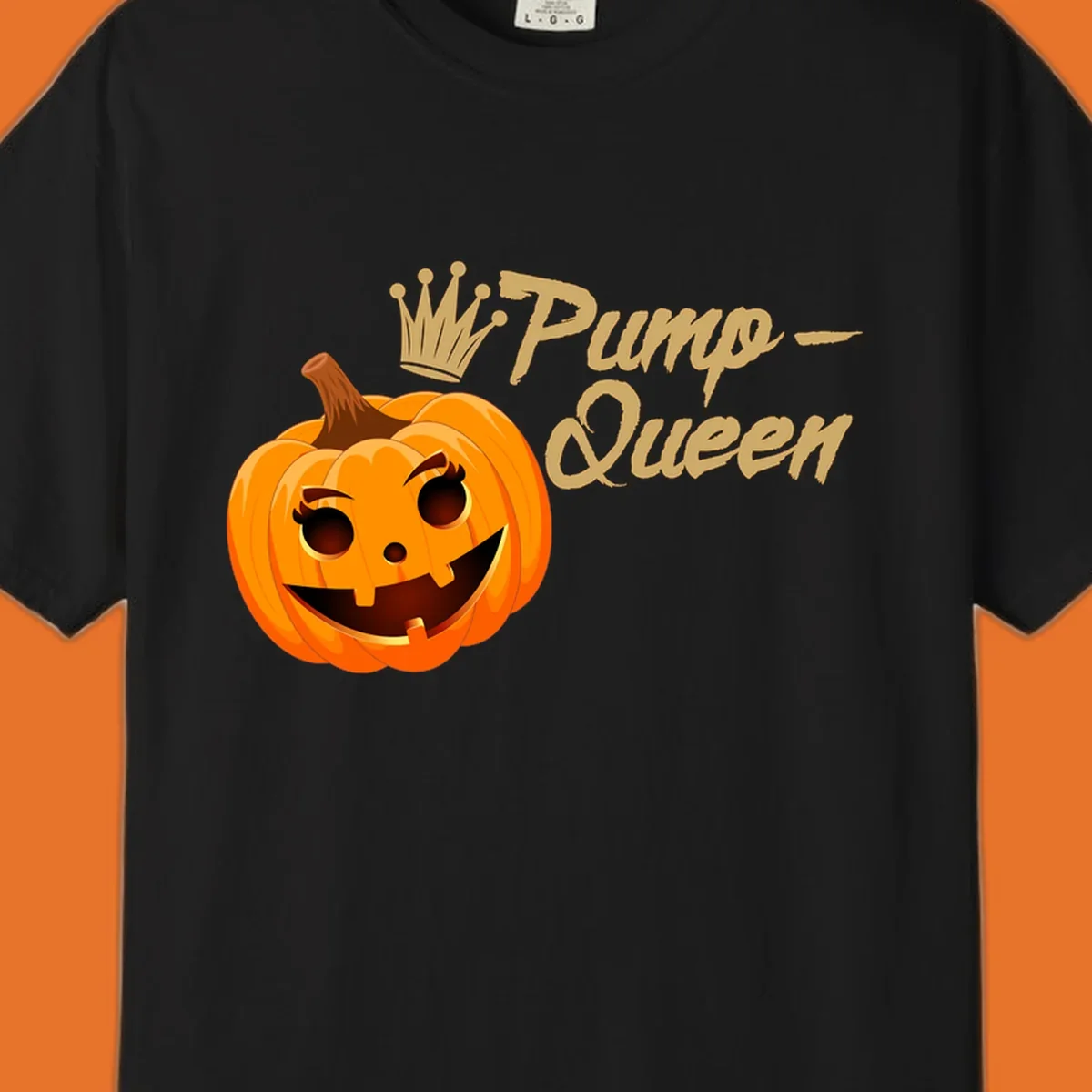 A smiling jack-o'-lantern wearing a crown, with 'Pump-Queen' text, for Halloween.
