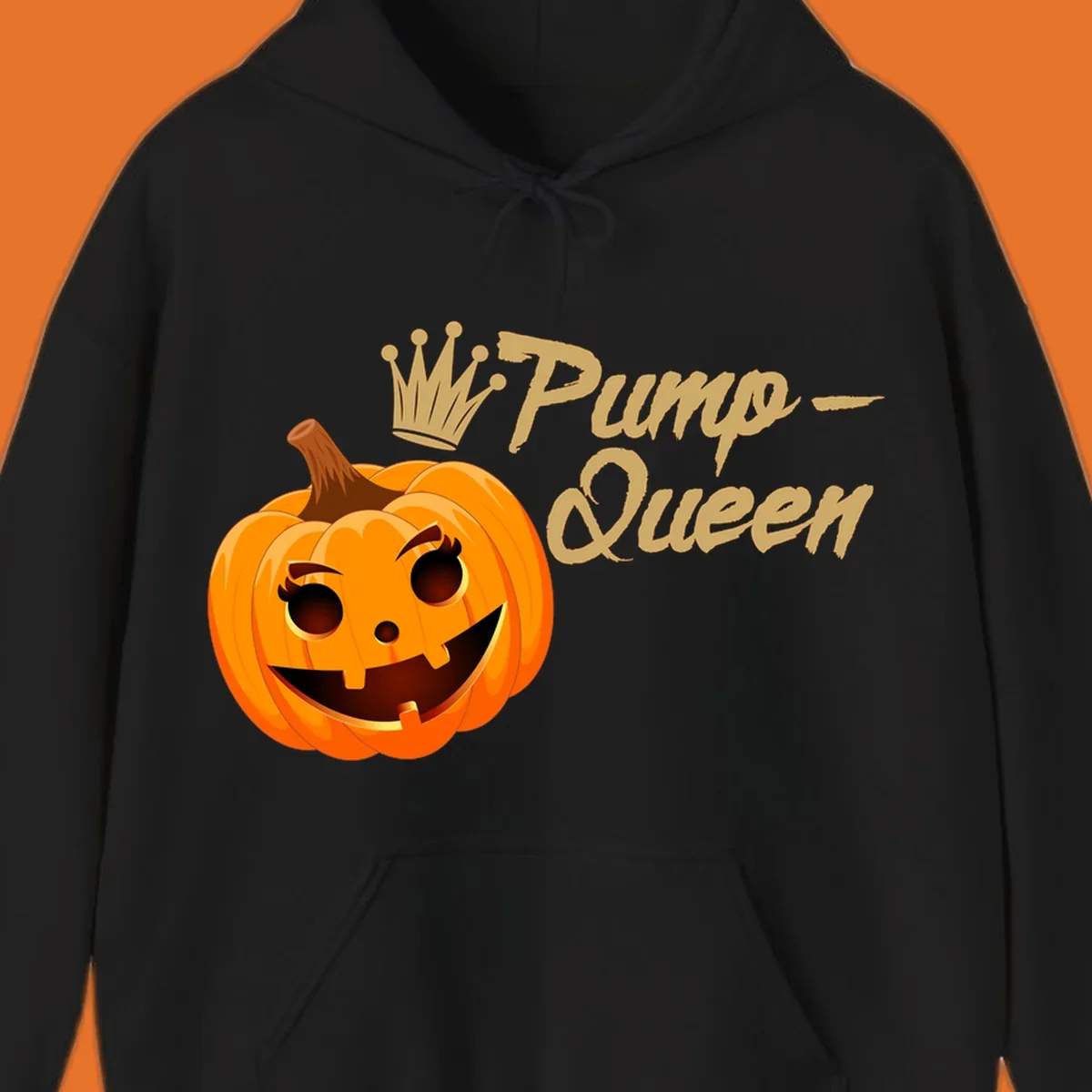 A smiling jack-o'-lantern wearing a crown, with 'Pump-Queen' text, for Halloween.