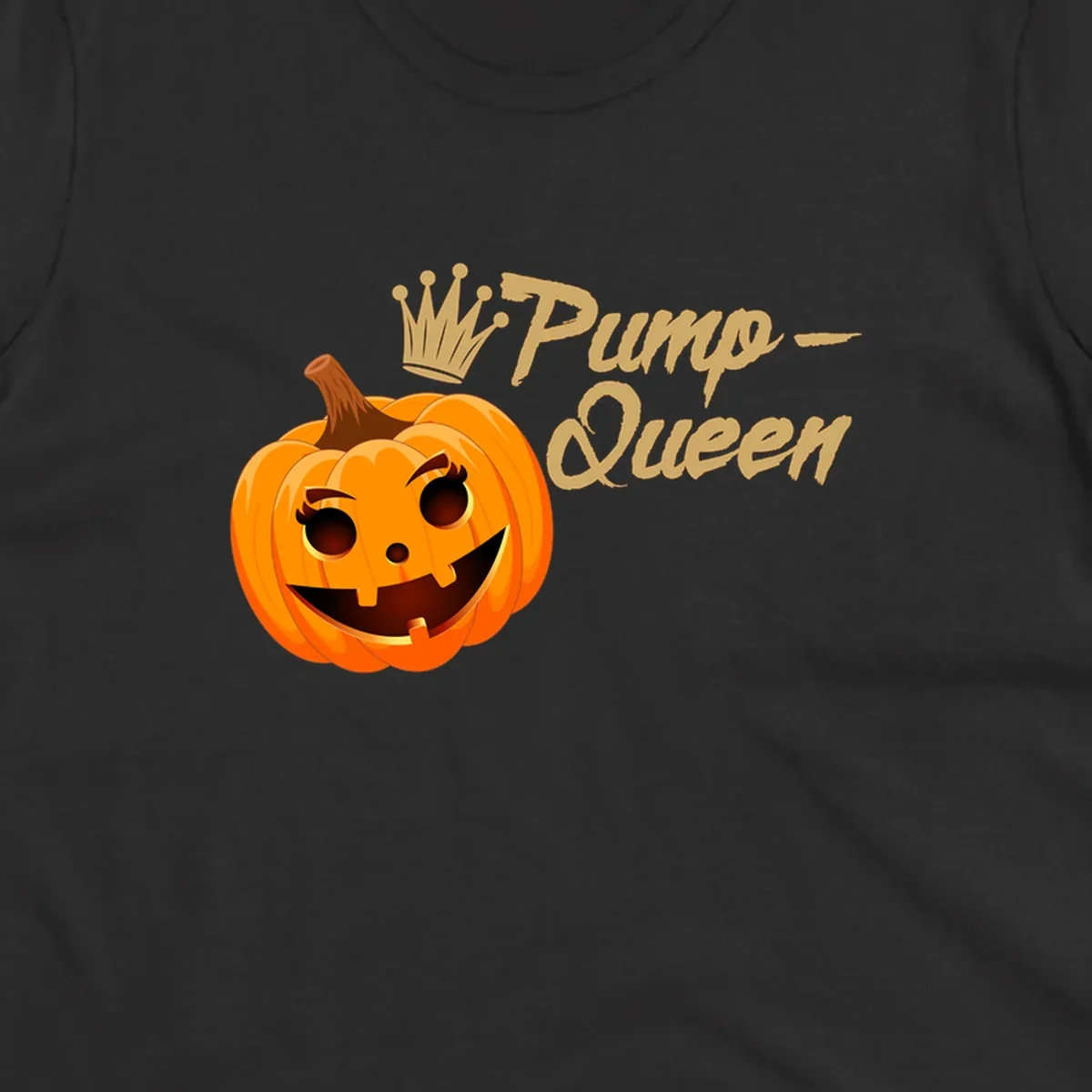 A smiling jack-o'-lantern wearing a crown, with 'Pump-Queen' text, for Halloween.