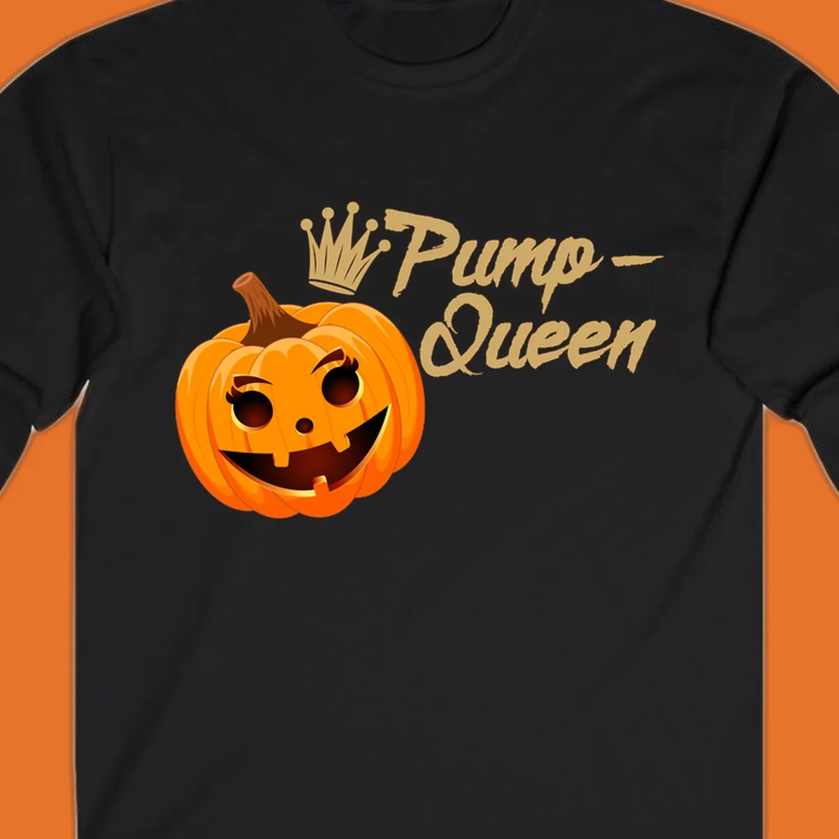 A smiling jack-o'-lantern wearing a crown, with 'Pump-Queen' text, for Halloween.