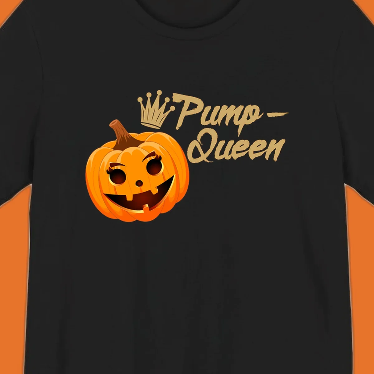 A smiling jack-o'-lantern wearing a crown, with 'Pump-Queen' text, for Halloween.