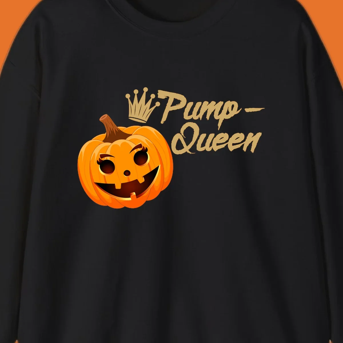 A smiling jack-o'-lantern wearing a crown, with 'Pump-Queen' text, for Halloween.
