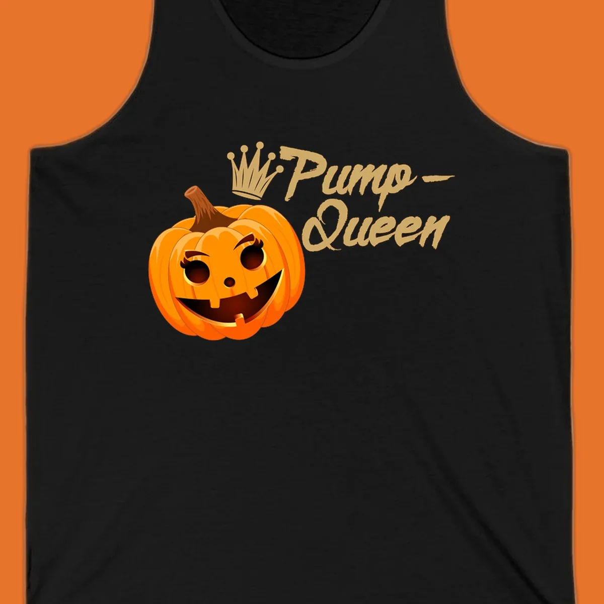 A smiling jack-o'-lantern wearing a crown, with 'Pump-Queen' text, for Halloween.