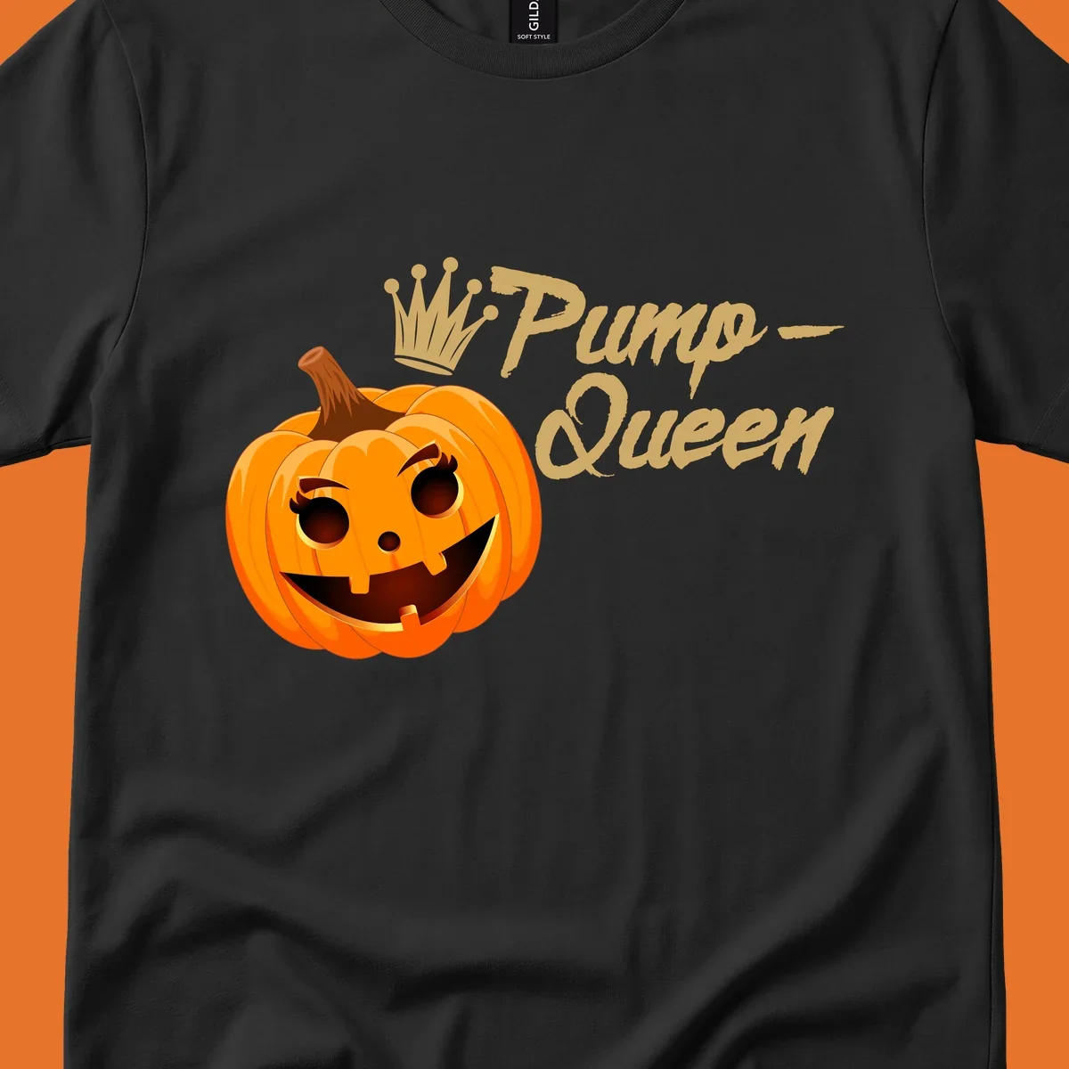 A smiling jack-o'-lantern wearing a crown, with 'Pump-Queen' text, for Halloween.