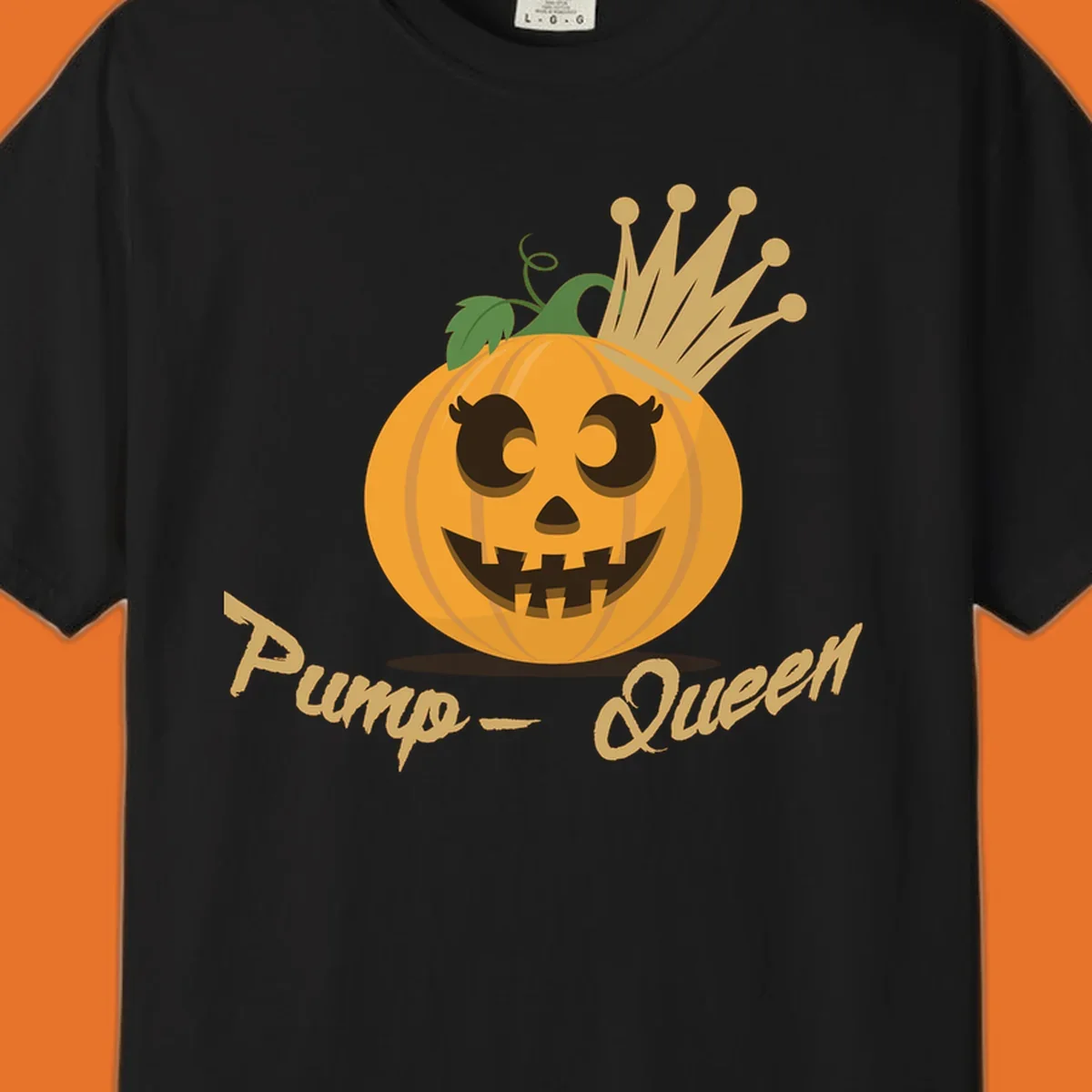 Cute pumpkin queen jack-o-lantern with a crown and "Pump-Queen" text.