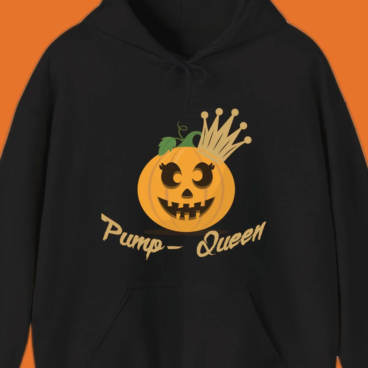 Cute pumpkin queen jack-o-lantern with a crown and "Pump-Queen" text.