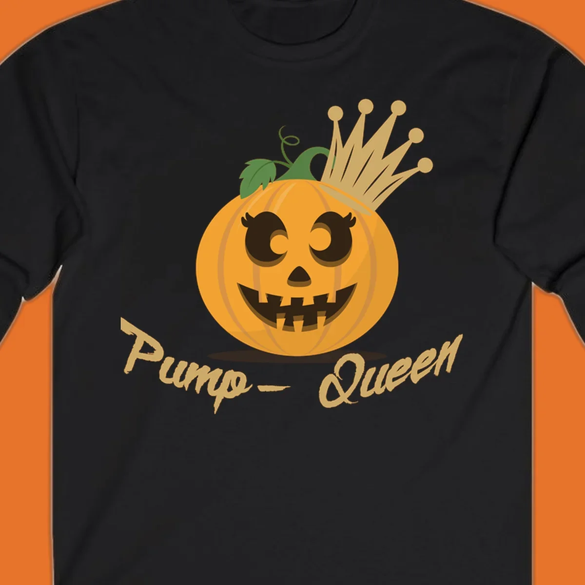 Cute pumpkin queen jack-o-lantern with a crown and "Pump-Queen" text.