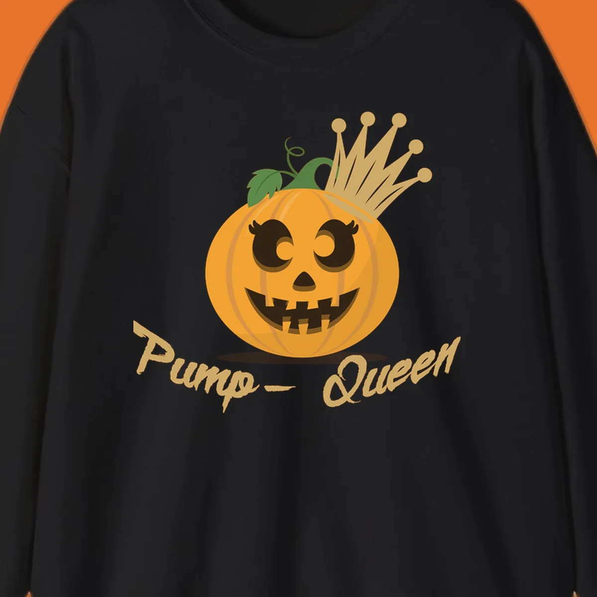 Cute pumpkin queen jack-o-lantern with a crown and "Pump-Queen" text.