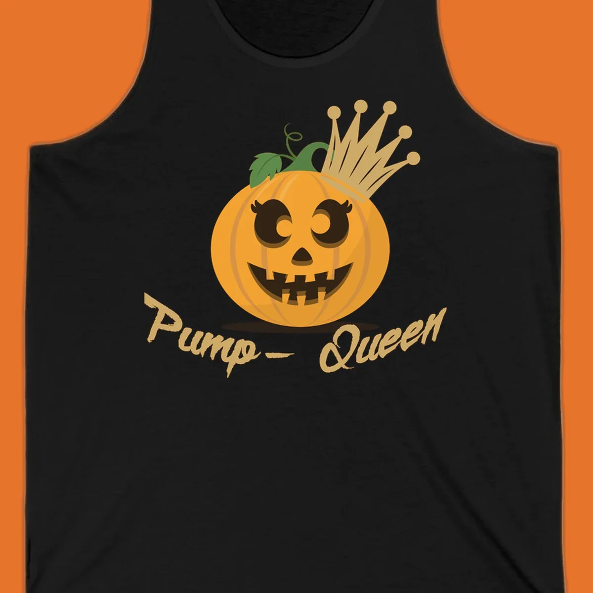 Cute pumpkin queen jack-o-lantern with a crown and "Pump-Queen" text.