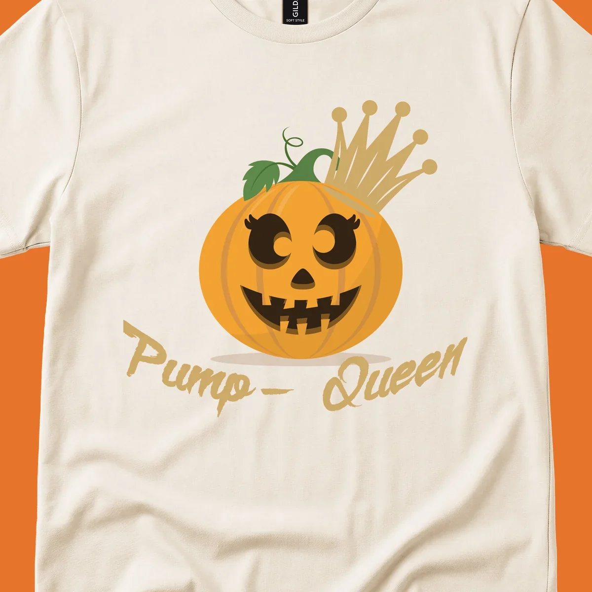 Cute pumpkin queen jack-o-lantern with a crown and "Pump-Queen" text.