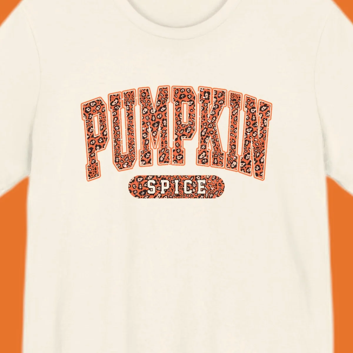 Pumpkin Spice text with leopard print pattern on dark outline, on black background.