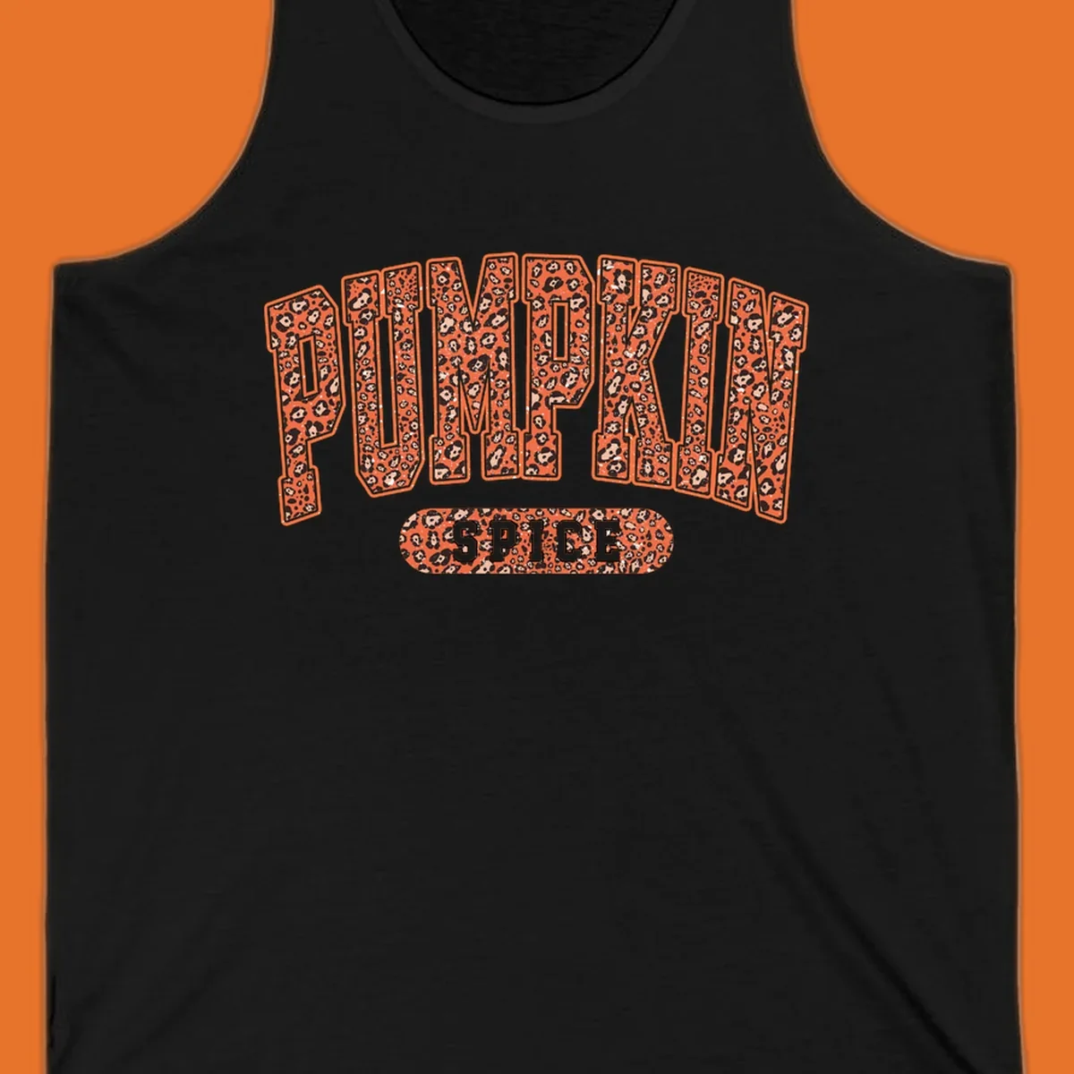 Pumpkin Spice text with leopard print pattern on dark outline, on black background.