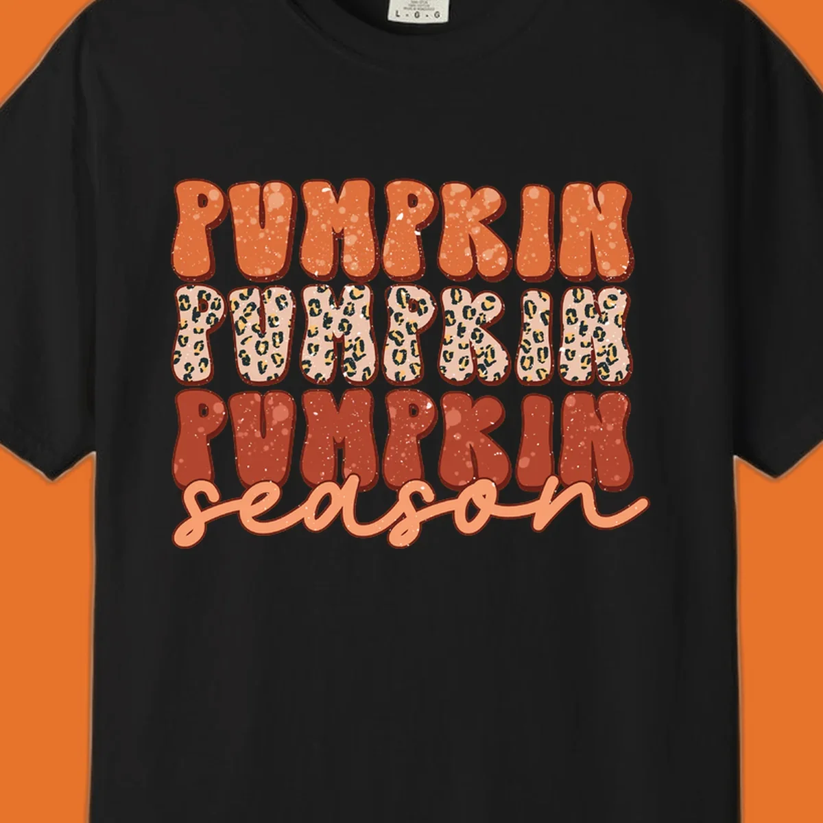 Groovy text design for pumpkin season featuring "PUMPKIN PUMPKIN PUMPKIN season" with leopard print and speckled textures.