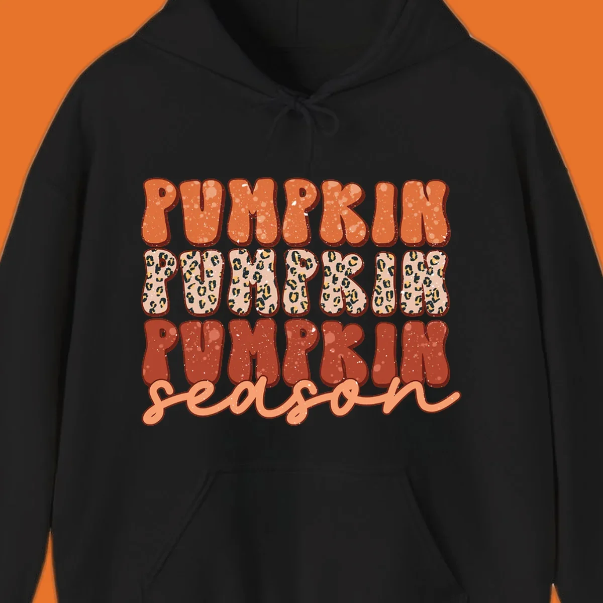 Groovy text design for pumpkin season featuring "PUMPKIN PUMPKIN PUMPKIN season" with leopard print and speckled textures.