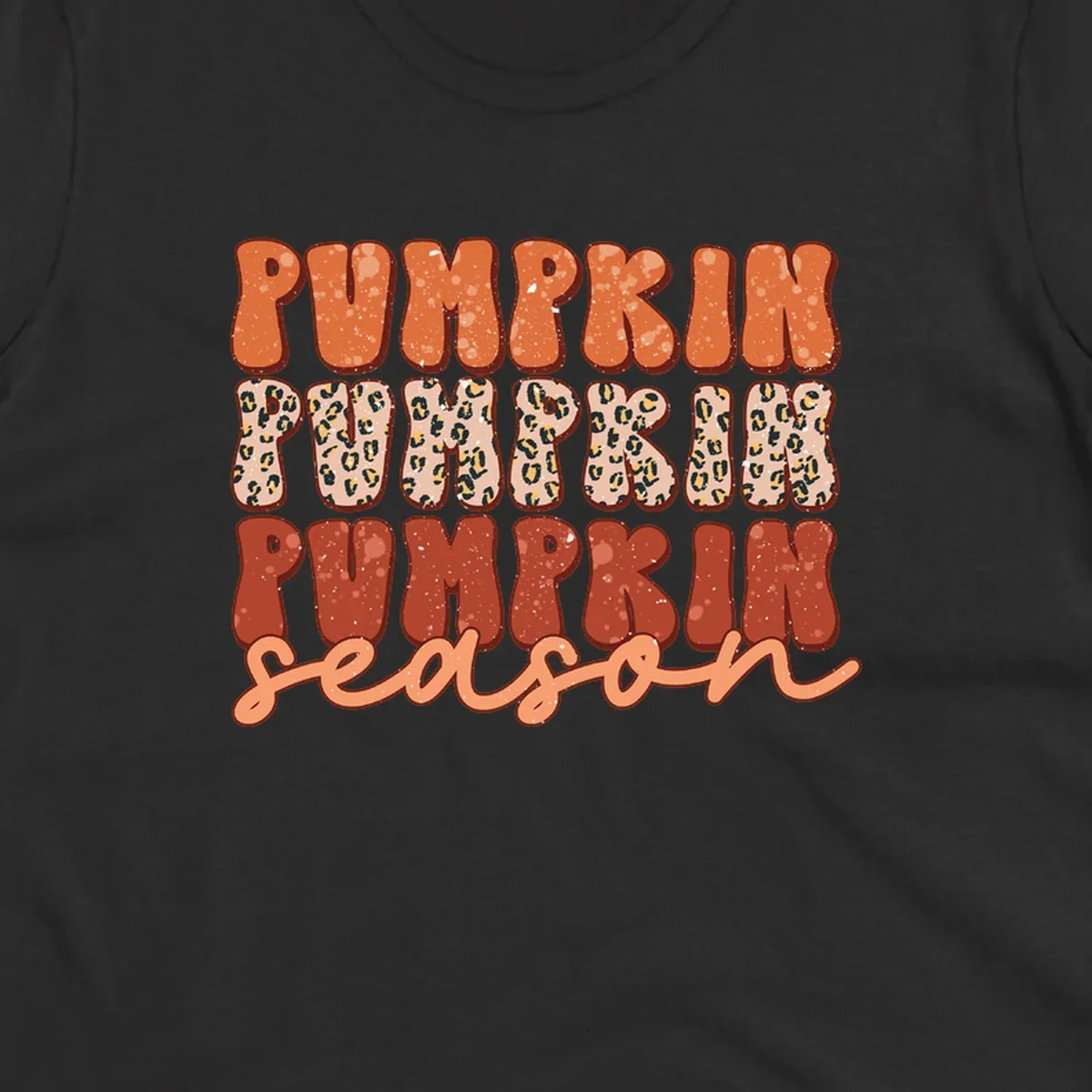 Groovy text design for pumpkin season featuring "PUMPKIN PUMPKIN PUMPKIN season" with leopard print and speckled textures.