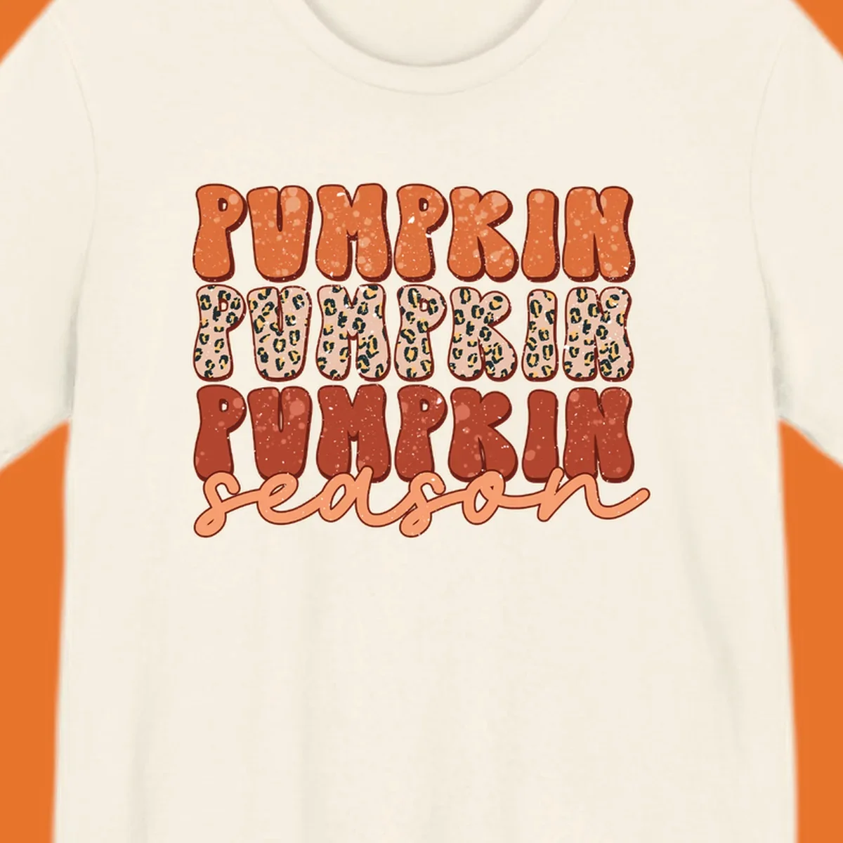 Groovy text design for pumpkin season featuring "PUMPKIN PUMPKIN PUMPKIN season" with leopard print and speckled textures.