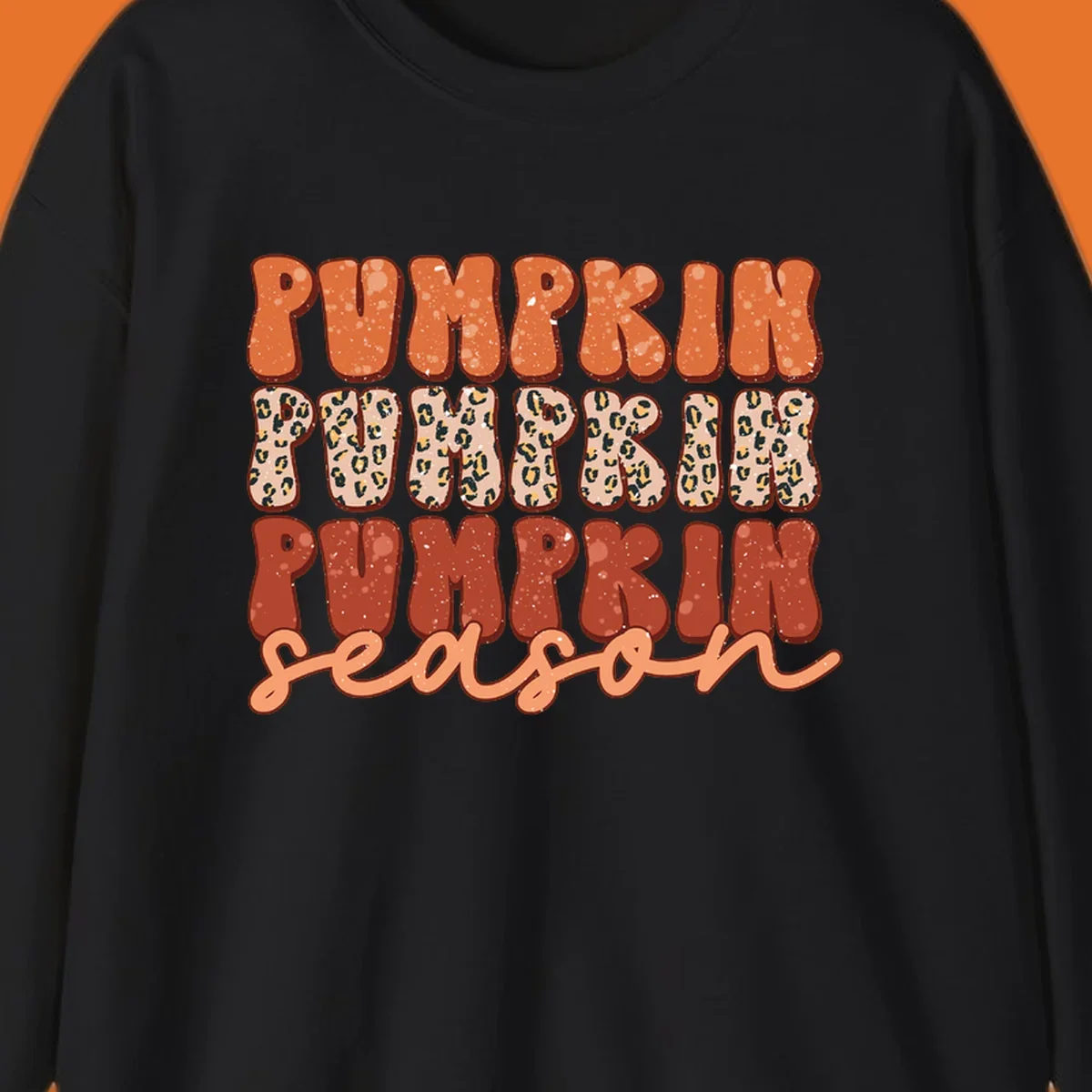 Groovy text design for pumpkin season featuring "PUMPKIN PUMPKIN PUMPKIN season" with leopard print and speckled textures.