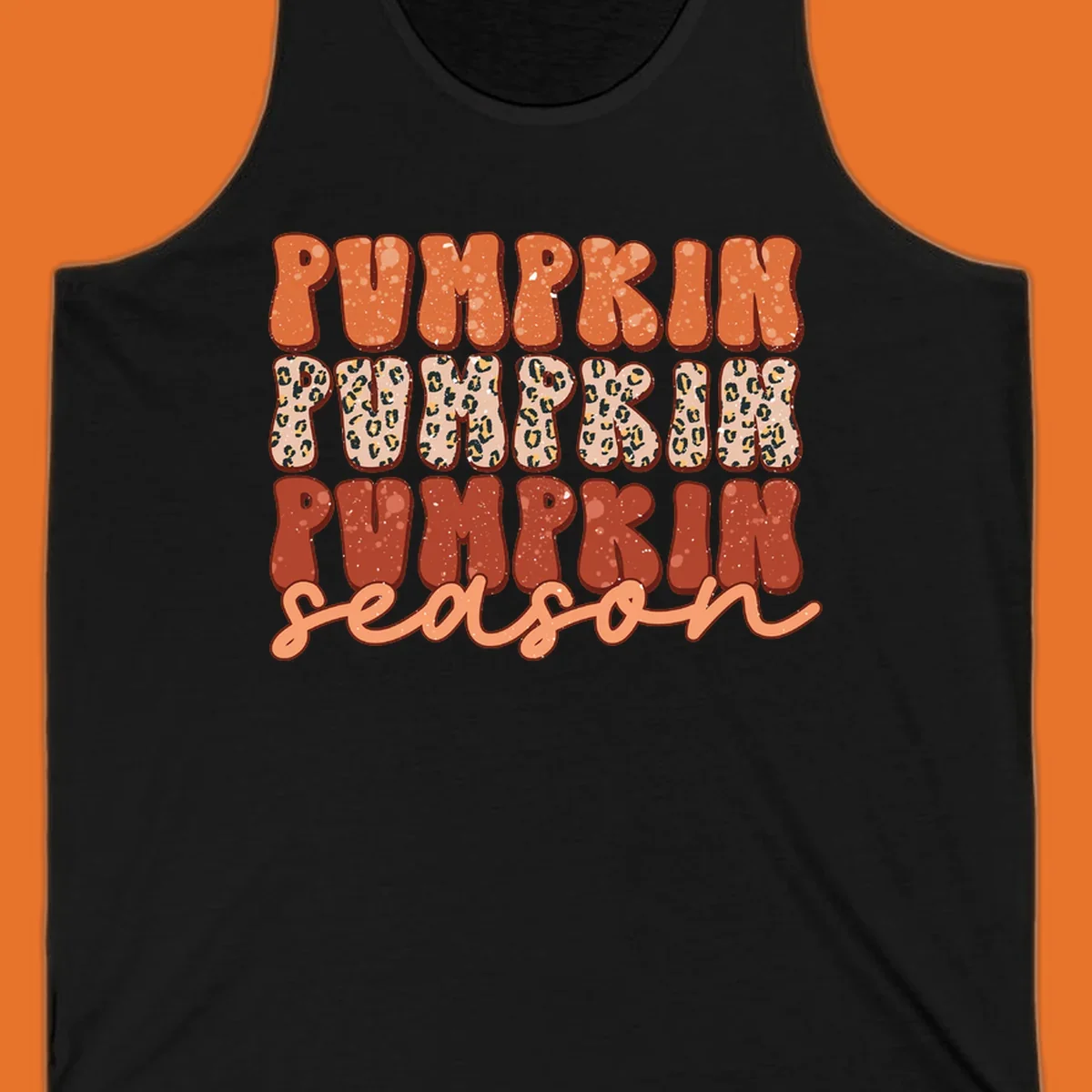 Groovy text design for pumpkin season featuring "PUMPKIN PUMPKIN PUMPKIN season" with leopard print and speckled textures.