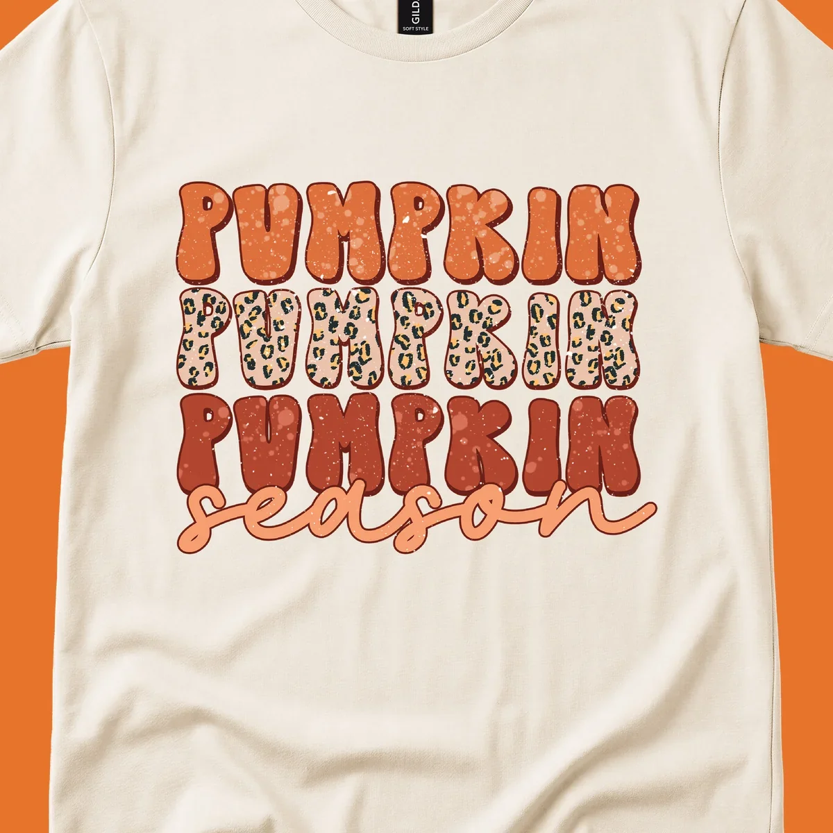 Groovy text design for pumpkin season featuring "PUMPKIN PUMPKIN PUMPKIN season" with leopard print and speckled textures.