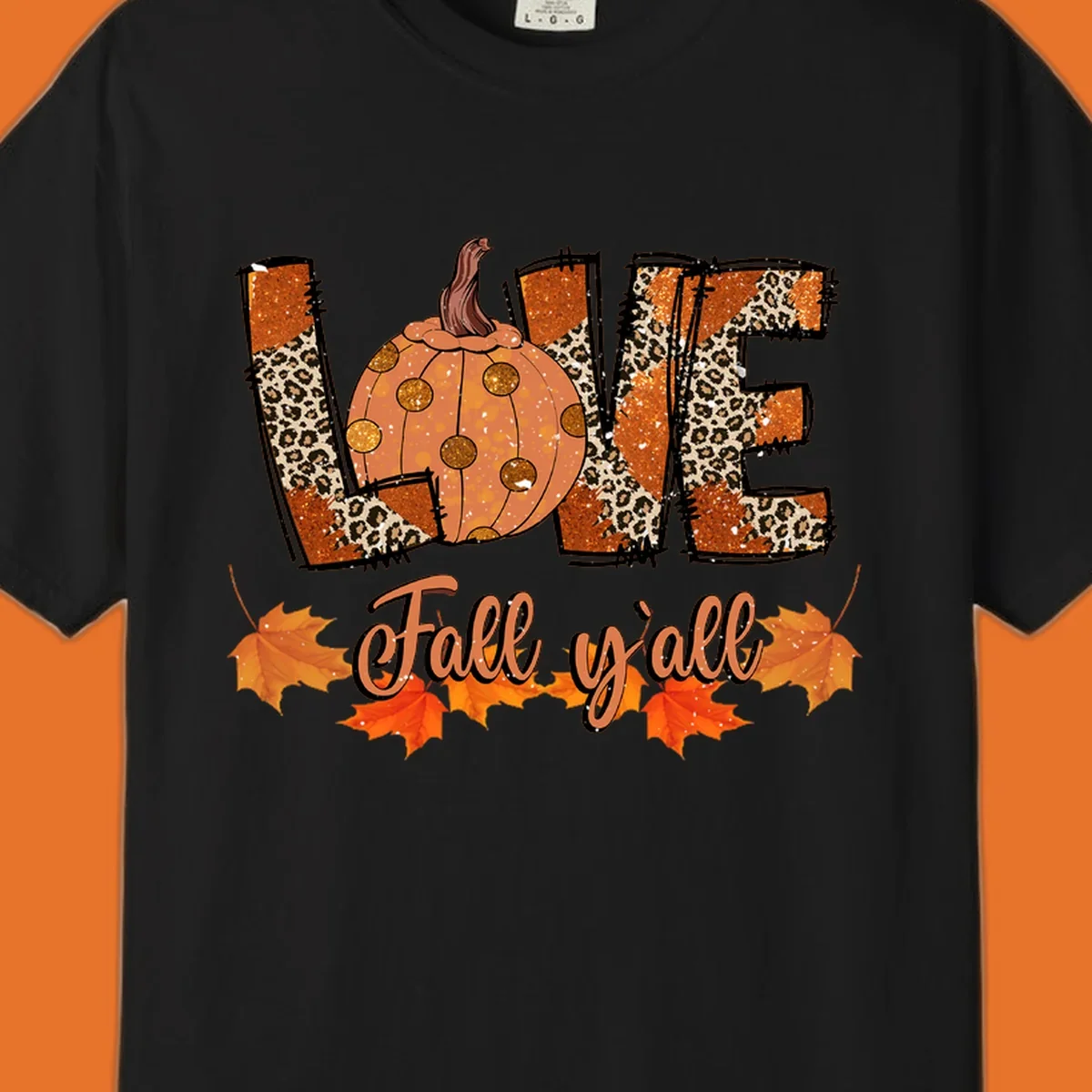 Fall love pumpkin with leopard print and 'Fall y'all' text, surrounded by maple leaves.