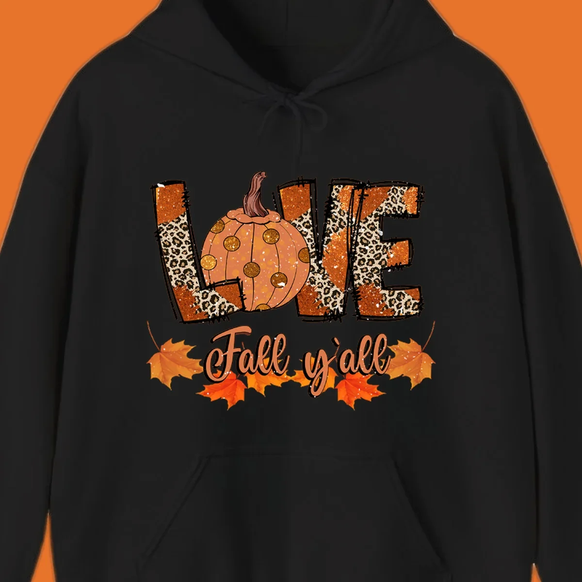 Fall love pumpkin with leopard print and 'Fall y'all' text, surrounded by maple leaves.