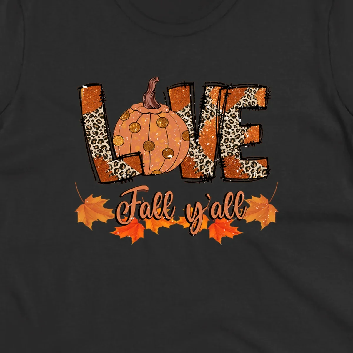 Fall love pumpkin with leopard print and 'Fall y'all' text, surrounded by maple leaves.