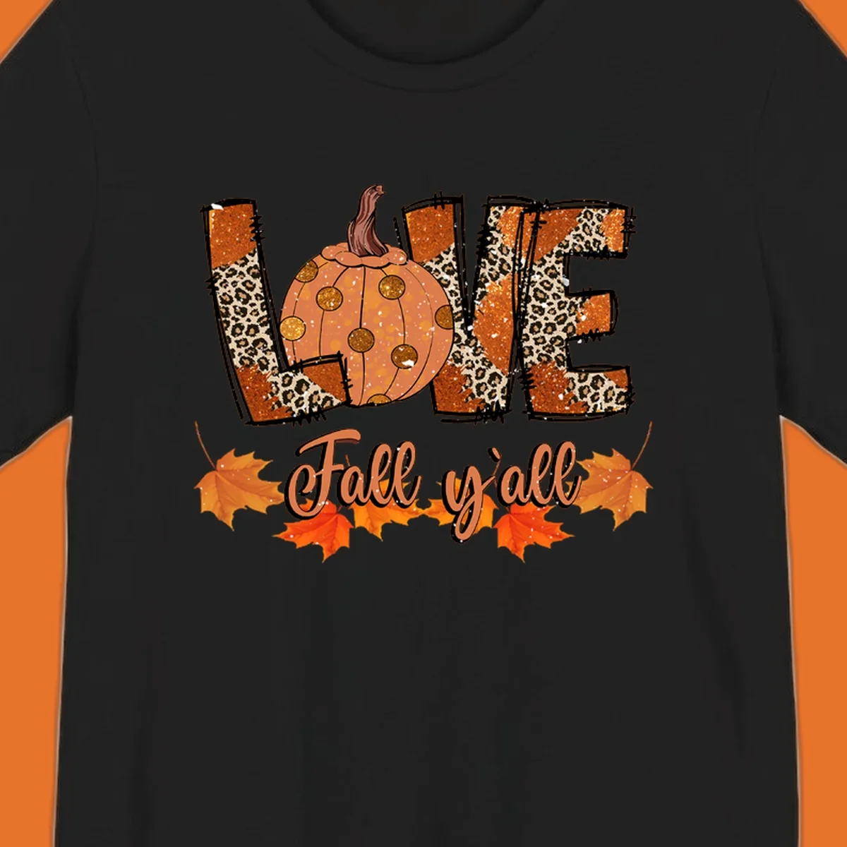 Fall love pumpkin with leopard print and 'Fall y'all' text, surrounded by maple leaves.