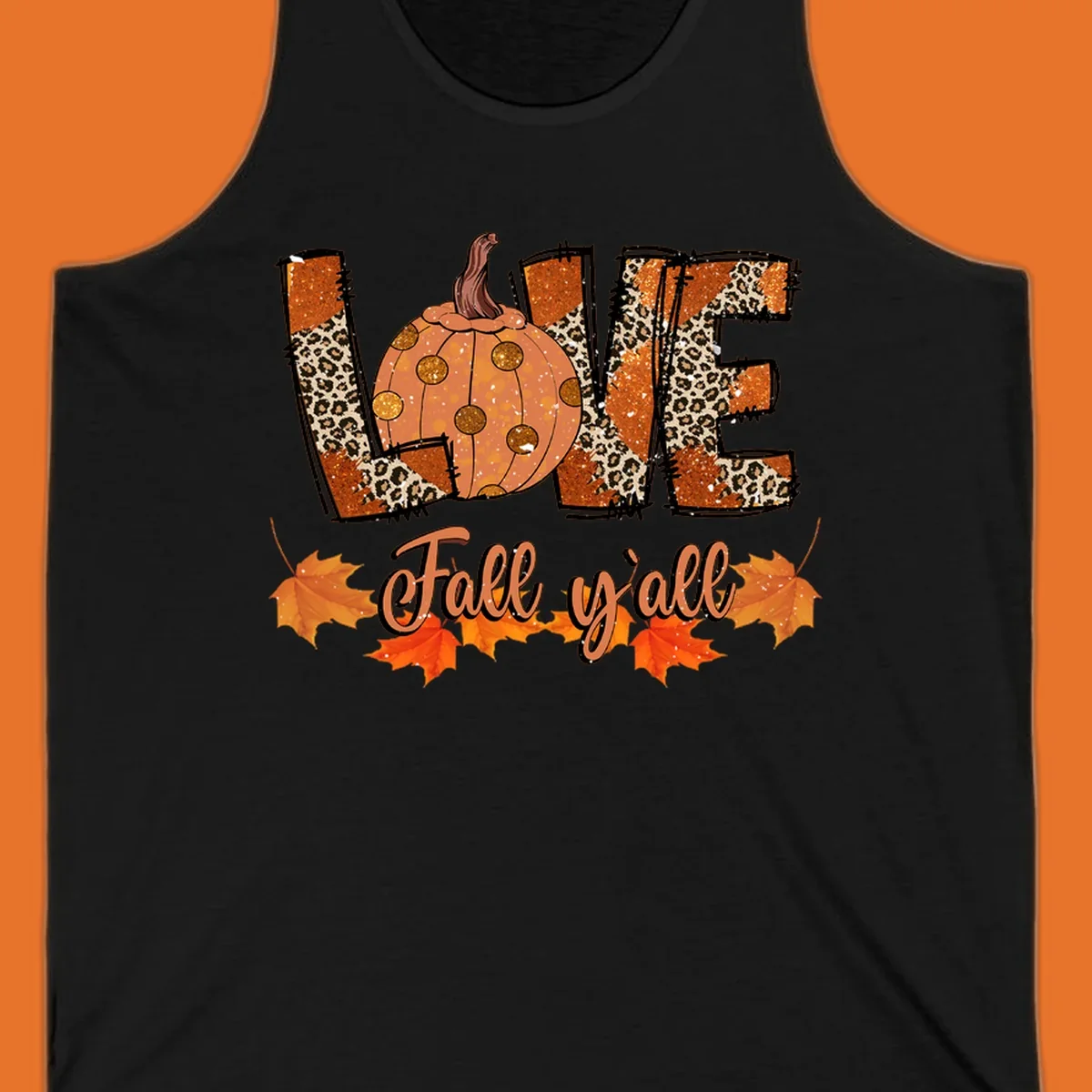 Fall love pumpkin with leopard print and 'Fall y'all' text, surrounded by maple leaves.