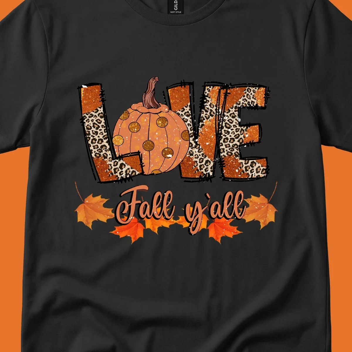 Fall love pumpkin with leopard print and 'Fall y'all' text, surrounded by maple leaves.