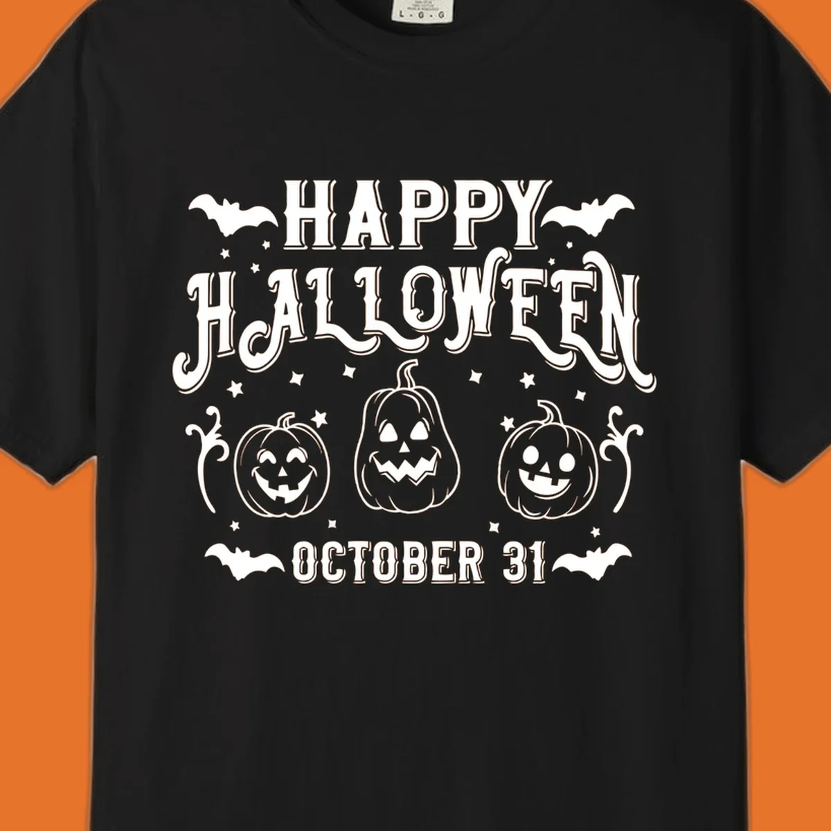 Happy Halloween text with spooky pumpkins and bats illustration