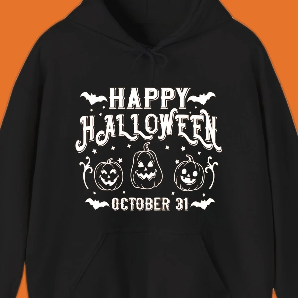 Happy Halloween text with spooky pumpkins and bats illustration