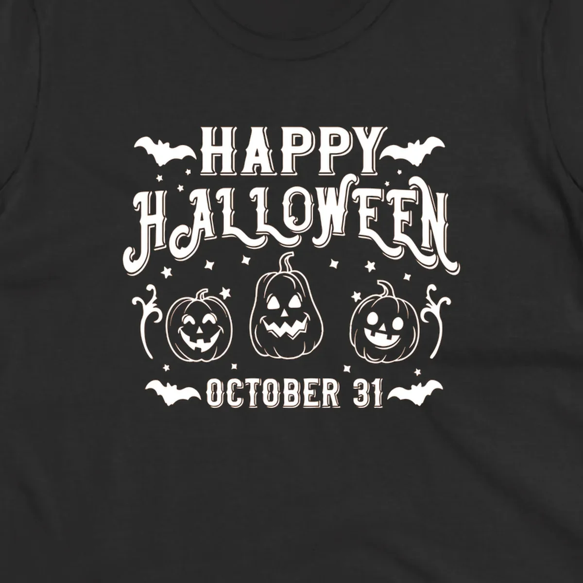 Happy Halloween text with spooky pumpkins and bats illustration