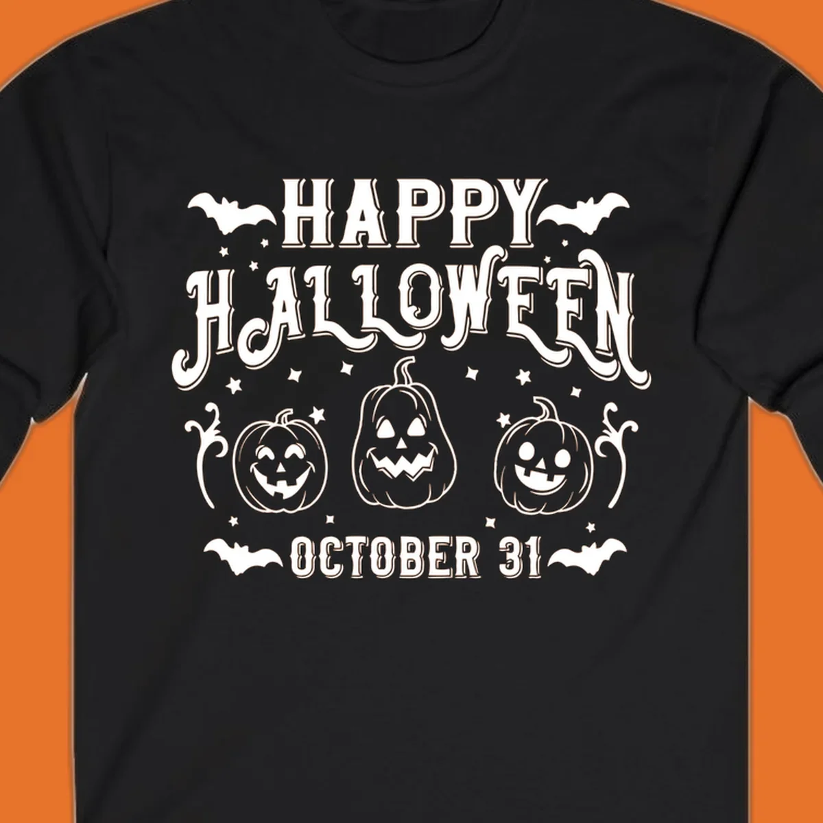 Happy Halloween text with spooky pumpkins and bats illustration