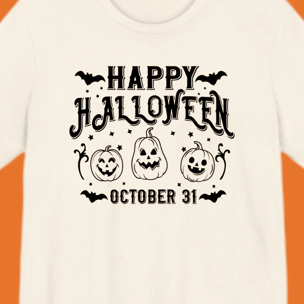 Happy Halloween text with spooky pumpkins and bats illustration