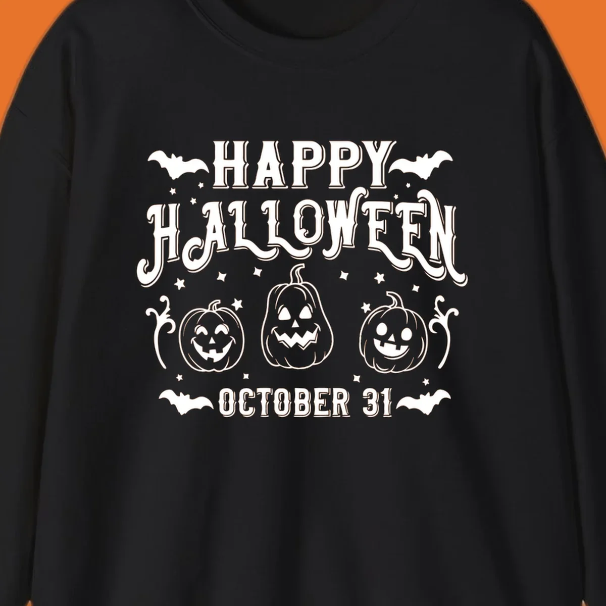 Happy Halloween text with spooky pumpkins and bats illustration