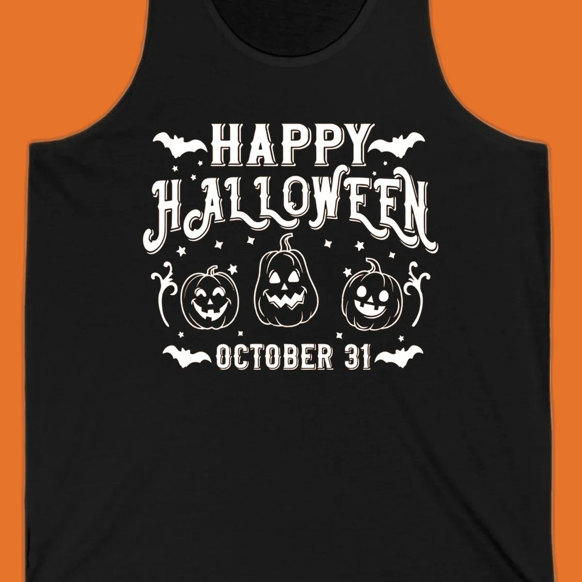 Happy Halloween text with spooky pumpkins and bats illustration