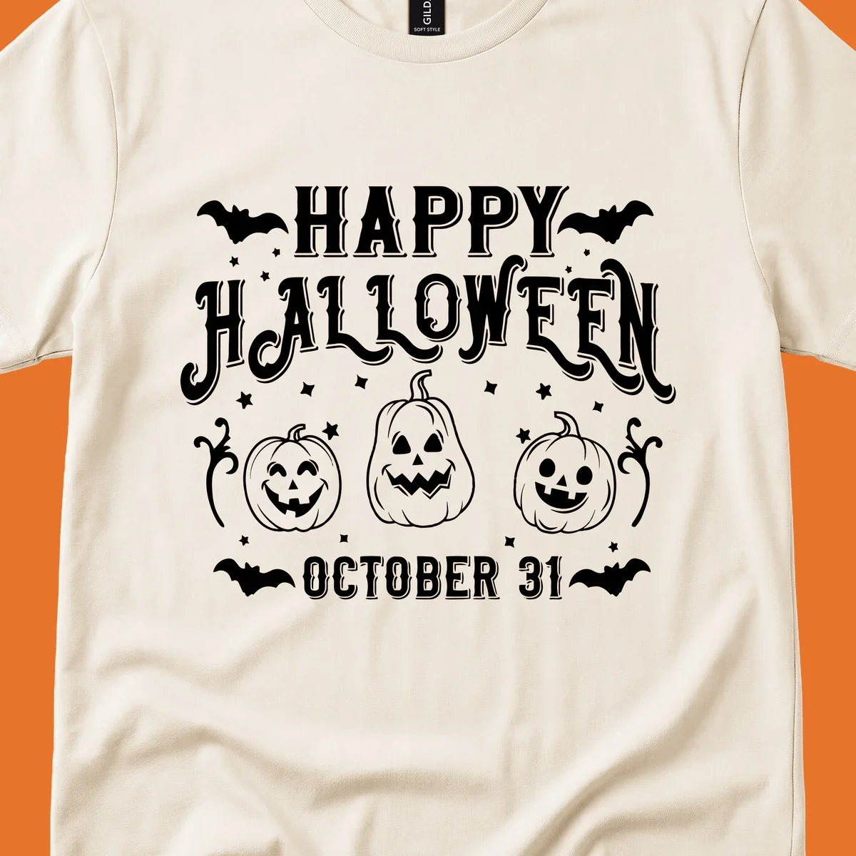 Happy Halloween text with spooky pumpkins and bats illustration