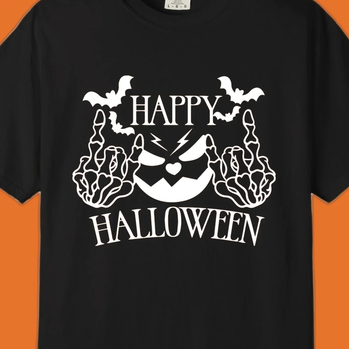 Spooky skeleton hands giving the middle finger with a jack-o'-lantern and bats, text says Happy Halloween.