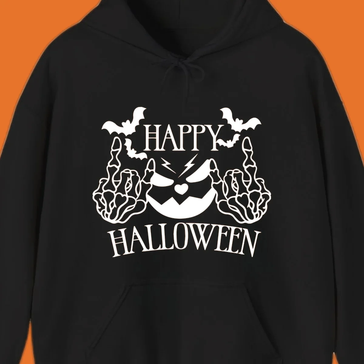 Spooky skeleton hands giving the middle finger with a jack-o'-lantern and bats, text says Happy Halloween.
