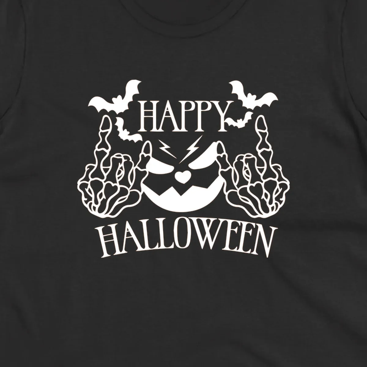 Spooky skeleton hands giving the middle finger with a jack-o'-lantern and bats, text says Happy Halloween.